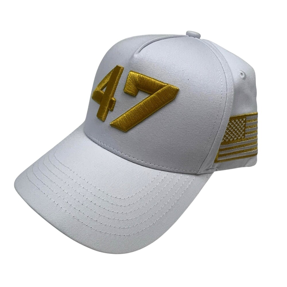 Turning Point USA Hat Charlie Kirk White Gold Logo 47 Flag Patriotic